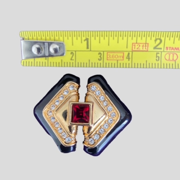 Black Enamel Cubic Zirconia and Red Stone Dangle Drop Earrings and Brooch Set - Picture 5 of 6